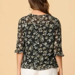 Allegra K Women's Casual Ruffle 3/4 Sleeve Floral Print Chiffon Blouse 105 Allegra K Women's Casual Ruffle 3/4 Sleeve Floral Print Chiffon Blouse