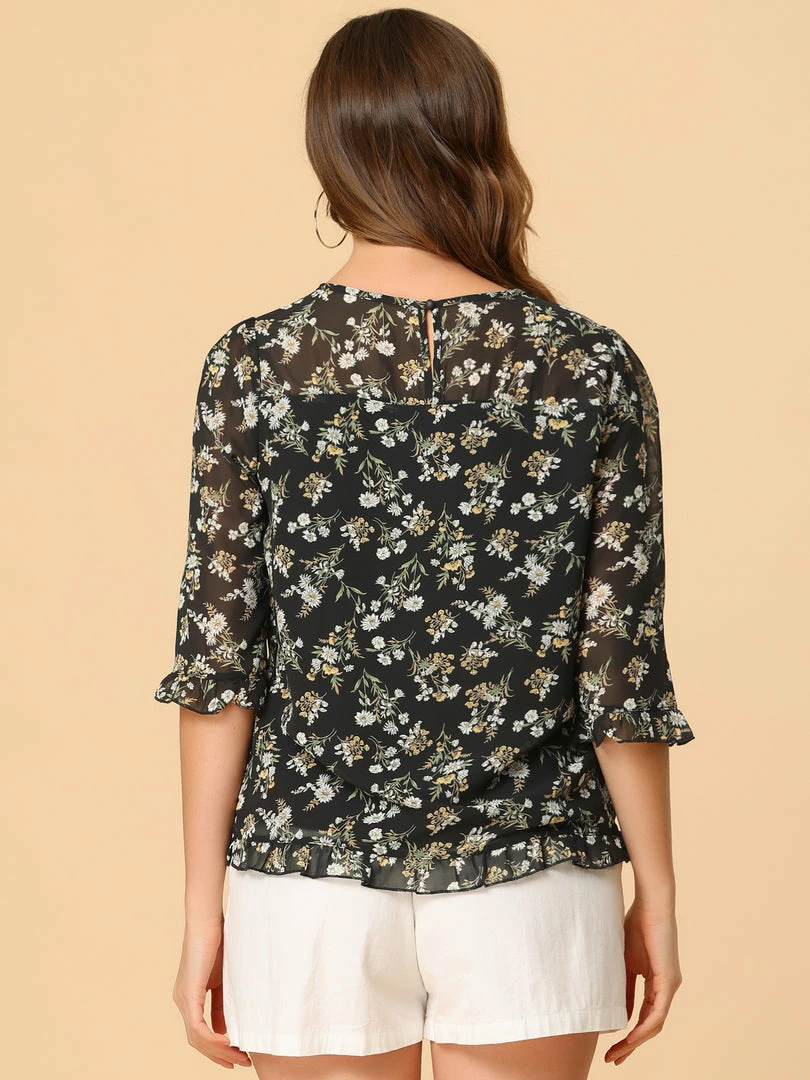 Allegra K Women's Casual Ruffle 3/4 Sleeve Floral Print Chiffon Blouse 53 Allegra K Women's Casual Ruffle 3/4 Sleeve Floral Print Chiffon Blouse