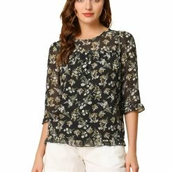 Allegra K Women's Casual Ruffle 3/4 Sleeve Floral Print Chiffon Blouse 102 Allegra K Women's Casual Ruffle 3/4 Sleeve Floral Print Chiffon Blouse