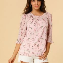 Allegra K Women's Casual Ruffle 3/4 Sleeve Floral Print Chiffon Blouse 86 Allegra K Women's Casual Ruffle 3/4 Sleeve Floral Print Chiffon Blouse