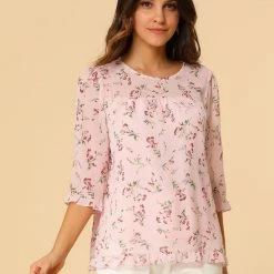 Allegra K Women's Casual Ruffle 3/4 Sleeve Floral Print Chiffon Blouse 87 Allegra K Women's Casual Ruffle 3/4 Sleeve Floral Print Chiffon Blouse