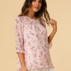 Allegra K Women's Casual Ruffle 3/4 Sleeve Floral Print Chiffon Blouse 88 Allegra K Women's Casual Ruffle 3/4 Sleeve Floral Print Chiffon Blouse
