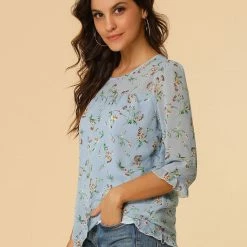 Allegra K Women's Casual Ruffle 3/4 Sleeve Floral Print Chiffon Blouse 92 Allegra K Women's Casual Ruffle 3/4 Sleeve Floral Print Chiffon Blouse