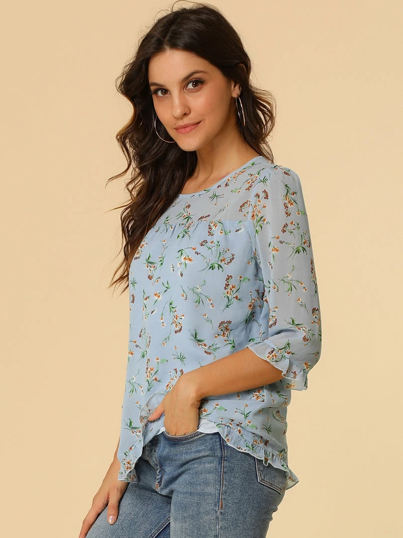 Allegra K Women's Casual Ruffle 3/4 Sleeve Floral Print Chiffon Blouse 40 Allegra K Women's Casual Ruffle 3/4 Sleeve Floral Print Chiffon Blouse