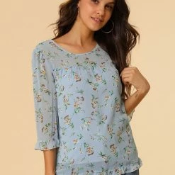 Allegra K Women's Casual Ruffle 3/4 Sleeve Floral Print Chiffon Blouse 93 Allegra K Women's Casual Ruffle 3/4 Sleeve Floral Print Chiffon Blouse