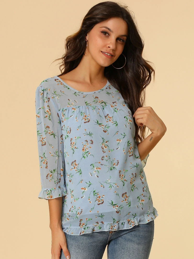 Allegra K Women's Casual Ruffle 3/4 Sleeve Floral Print Chiffon Blouse 41 Allegra K Women's Casual Ruffle 3/4 Sleeve Floral Print Chiffon Blouse