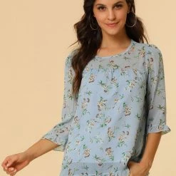 Allegra K Women's Casual Ruffle 3/4 Sleeve Floral Print Chiffon Blouse 94 Allegra K Women's Casual Ruffle 3/4 Sleeve Floral Print Chiffon Blouse