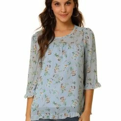Allegra K Women's Casual Ruffle 3/4 Sleeve Floral Print Chiffon Blouse 91 Allegra K Women's Casual Ruffle 3/4 Sleeve Floral Print Chiffon Blouse