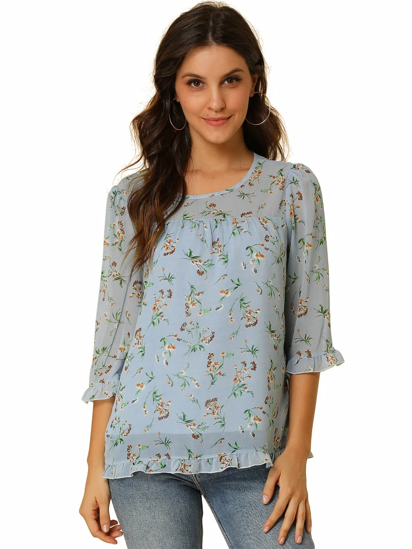 Allegra K Women's Casual Ruffle 3/4 Sleeve Floral Print Chiffon Blouse 39 Allegra K Women's Casual Ruffle 3/4 Sleeve Floral Print Chiffon Blouse