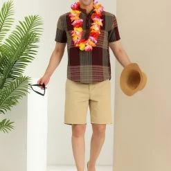 Allegra K Men's Linen Henley Shirt Short Sleeve Pattern Button Down Color Block Shirts