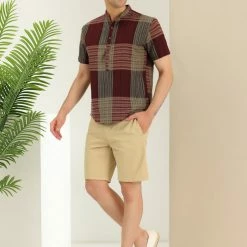 Allegra K Men's Linen Henley Shirt Short Sleeve Pattern Button Down Color Block Shirts