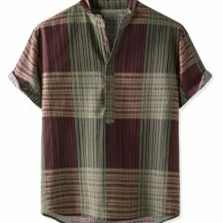 Allegra K Men's Linen Henley Shirt Short Sleeve Pattern Button Down Color Block Shirts