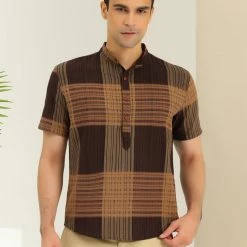 Allegra K Men's Linen Henley Shirt Short Sleeve Pattern Button Down Color Block Shirts