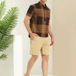 Allegra K Men's Linen Henley Shirt Short Sleeve Pattern Button Down Color Block Shirts