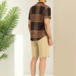 Allegra K Men's Linen Henley Shirt Short Sleeve Pattern Button Down Color Block Shirts