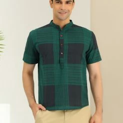 Allegra K Men's Linen Henley Shirt Short Sleeve Pattern Button Down Color Block Shirts