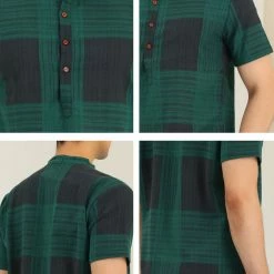 Allegra K Men's Linen Henley Shirt Short Sleeve Pattern Button Down Color Block Shirts