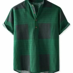 Allegra K Men's Linen Henley Shirt Short Sleeve Pattern Button Down Color Block Shirts