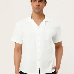 Allegra K Men's Linen Shirt Summer Casual Camp Collar Short Sleeve Button Down Beach Shirts