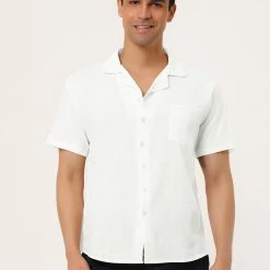 Allegra K Men's Linen Shirt Summer Casual Camp Collar Short Sleeve Button Down Beach Shirts
