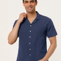 Allegra K Men's Linen Shirt Summer Casual Camp Collar Short Sleeve Button Down Beach Shirts