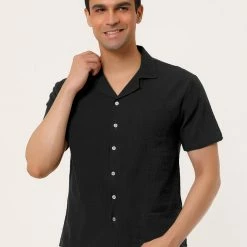 Allegra K Men's Linen Shirt Summer Casual Camp Collar Short Sleeve Button Down Beach Shirts