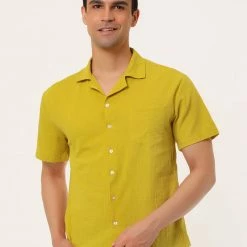 Allegra K Men's Linen Shirt Summer Casual Camp Collar Short Sleeve Button Down Beach Shirts