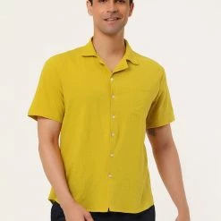 Allegra K Men's Linen Shirt Summer Casual Camp Collar Short Sleeve Button Down Beach Shirts