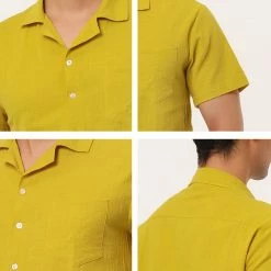 Allegra K Men's Linen Shirt Summer Casual Camp Collar Short Sleeve Button Down Beach Shirts