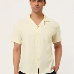 Allegra K Men's Linen Shirt Summer Casual Camp Collar Short Sleeve Button Down Beach Shirts