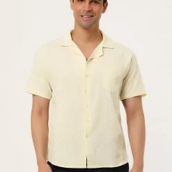 Allegra K Men's Linen Shirt Summer Casual Camp Collar Short Sleeve Button Down Beach Shirts
