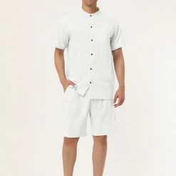 Allegra K Men's Linen Sets Band Collar Button Down Short Sleeves Shirt Solid Beach Shorts Suits