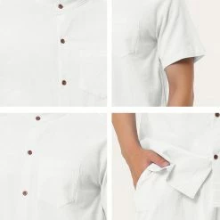 Allegra K Men's Linen Sets Band Collar Button Down Short Sleeves Shirt Solid Beach Shorts Suits