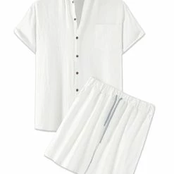 Allegra K Men's Linen Sets Band Collar Button Down Short Sleeves Shirt Solid Beach Shorts Suits