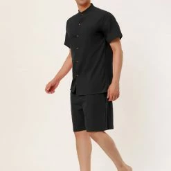 Allegra K Men's Linen Sets Band Collar Button Down Short Sleeves Shirt Solid Beach Shorts Suits