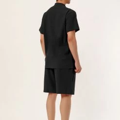 Allegra K Men's Linen Sets Band Collar Button Down Short Sleeves Shirt Solid Beach Shorts Suits