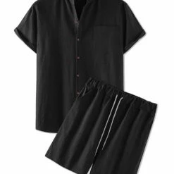 Allegra K Men's Linen Sets Band Collar Button Down Short Sleeves Shirt Solid Beach Shorts Suits