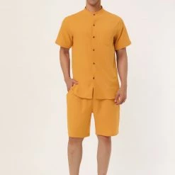 Allegra K Men's Linen Sets Band Collar Button Down Short Sleeves Shirt Solid Beach Shorts Suits