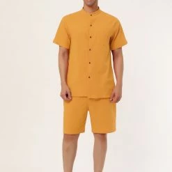 Allegra K Men's Linen Sets Band Collar Button Down Short Sleeves Shirt Solid Beach Shorts Suits
