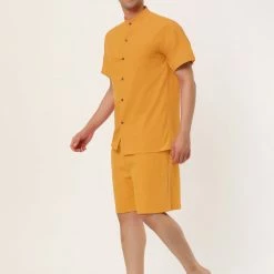 Allegra K Men's Linen Sets Band Collar Button Down Short Sleeves Shirt Solid Beach Shorts Suits