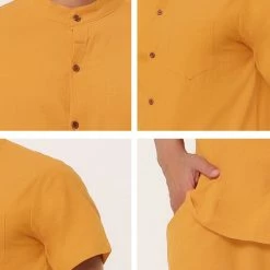 Allegra K Men's Linen Sets Band Collar Button Down Short Sleeves Shirt Solid Beach Shorts Suits