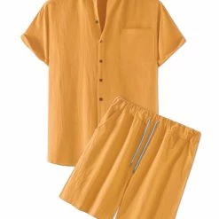 Allegra K Men's Linen Sets Band Collar Button Down Short Sleeves Shirt Solid Beach Shorts Suits