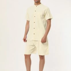Allegra K Men's Linen Sets Band Collar Button Down Short Sleeves Shirt Solid Beach Shorts Suits