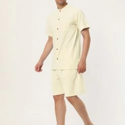 Allegra K Men's Linen Sets Band Collar Button Down Short Sleeves Shirt Solid Beach Shorts Suits