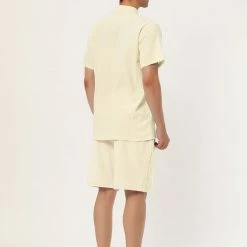 Allegra K Men's Linen Sets Band Collar Button Down Short Sleeves Shirt Solid Beach Shorts Suits