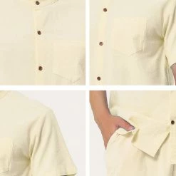 Allegra K Men's Linen Sets Band Collar Button Down Short Sleeves Shirt Solid Beach Shorts Suits
