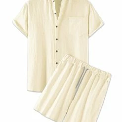 Allegra K Men's Linen Sets Band Collar Button Down Short Sleeves Shirt Solid Beach Shorts Suits
