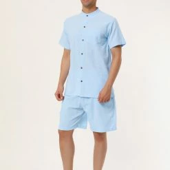 Allegra K Men's Linen Sets Band Collar Button Down Short Sleeves Shirt Solid Beach Shorts Suits