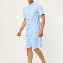 Allegra K Men's Linen Sets Band Collar Button Down Short Sleeves Shirt Solid Beach Shorts Suits