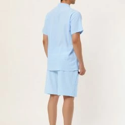 Allegra K Men's Linen Sets Band Collar Button Down Short Sleeves Shirt Solid Beach Shorts Suits